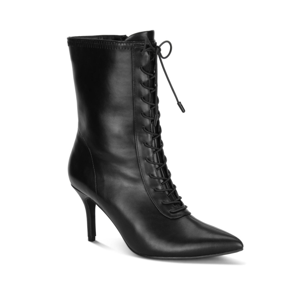 VENUS Black Lace-Up Pointed-Toe Heeled Ankle Booties w/Side Zipper NWOB